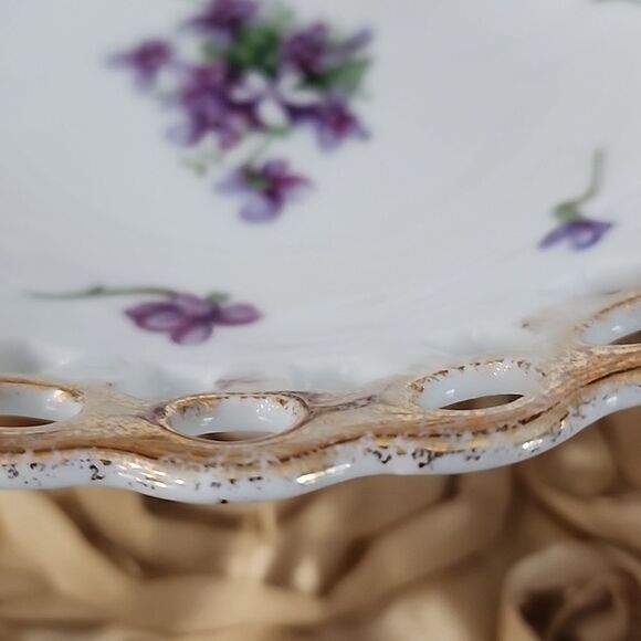 Vintage Thames Handpainted Dainty Violet Pedestal Cutwork Dish Coquette Bridal - Picture 4 of 9